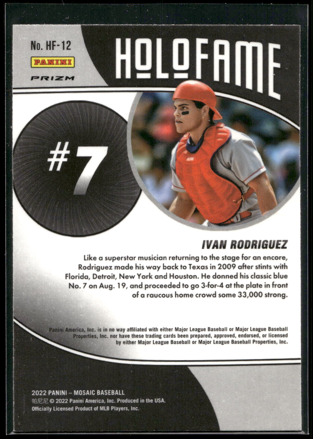2022 Panini Mosaic #HF-12 Ivan Rodriguez Holofame Reactive Orange Mosaic #/99