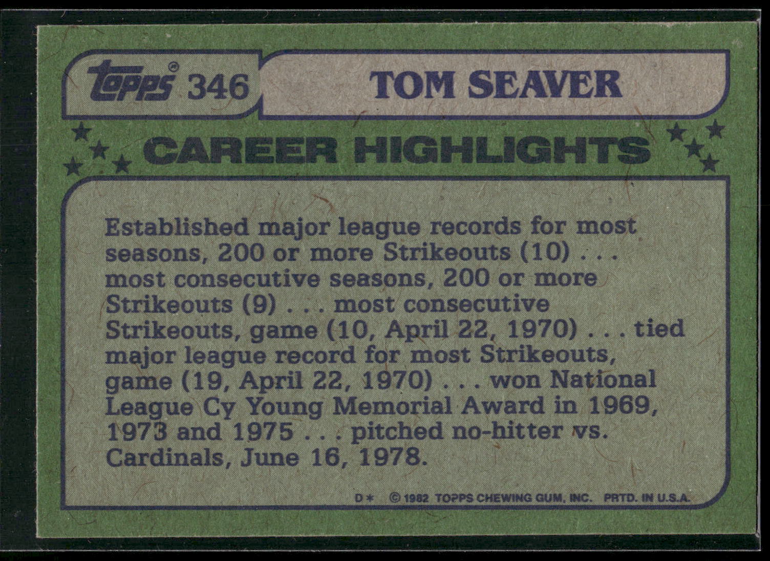 1982 Topps #346b Tom Seaver