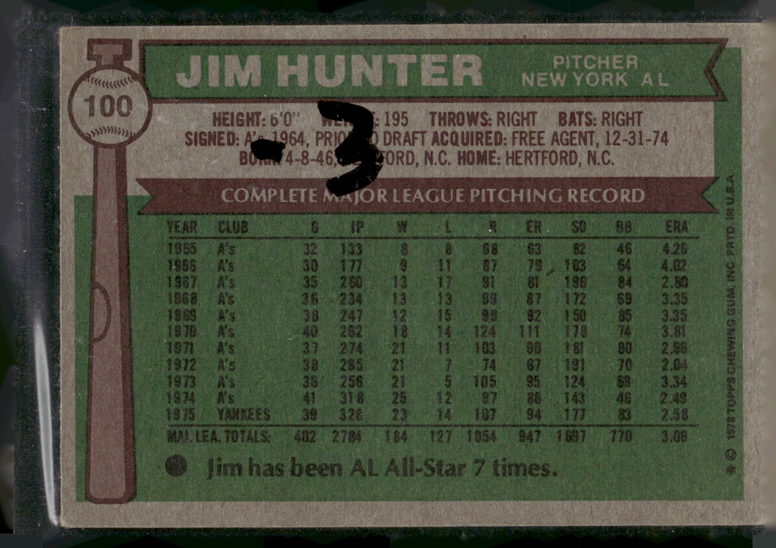 1976 Topps #100 Jim Hunter