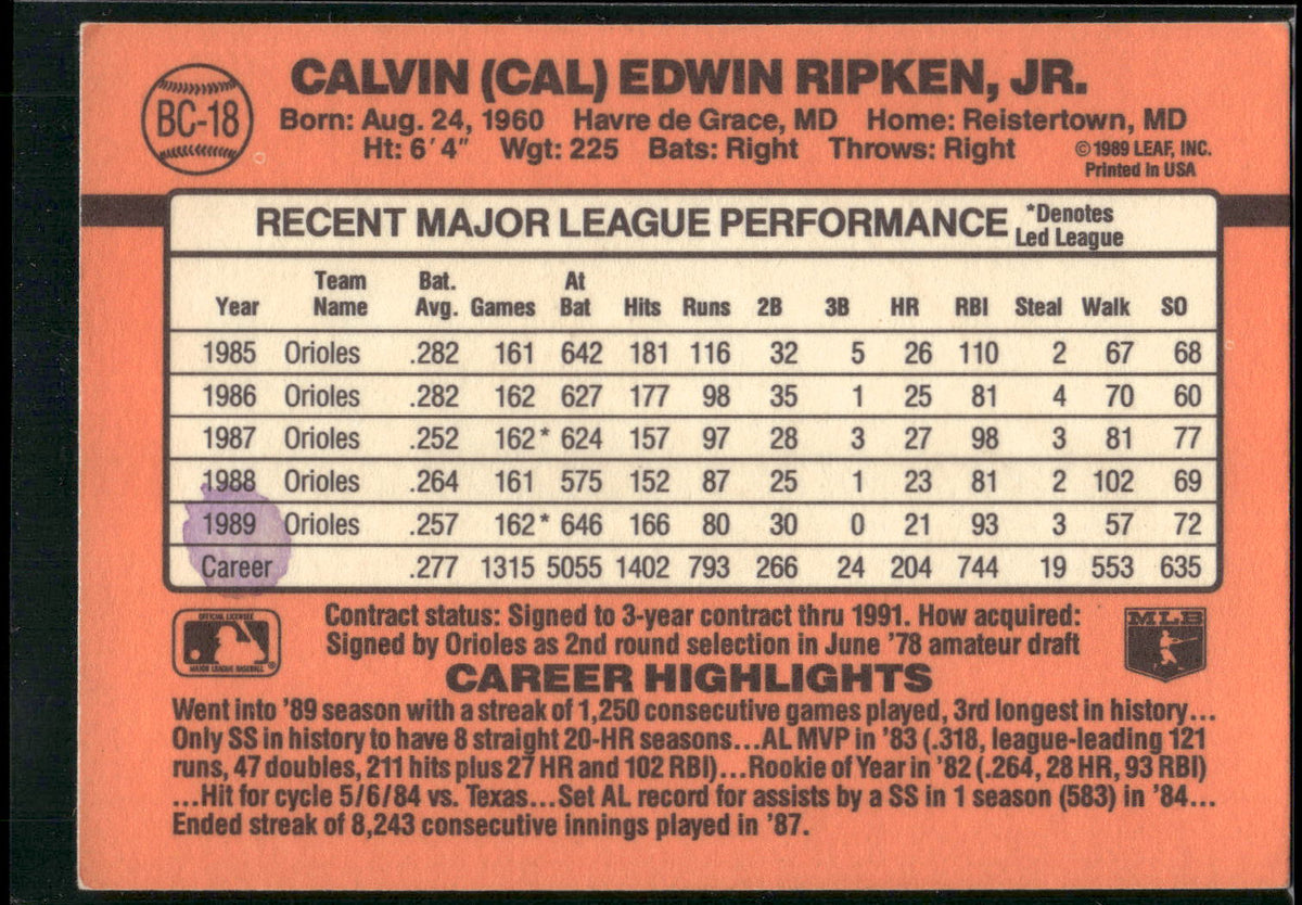 1990 Donruss #BC-18 Cal Ripken Bonus MVP's