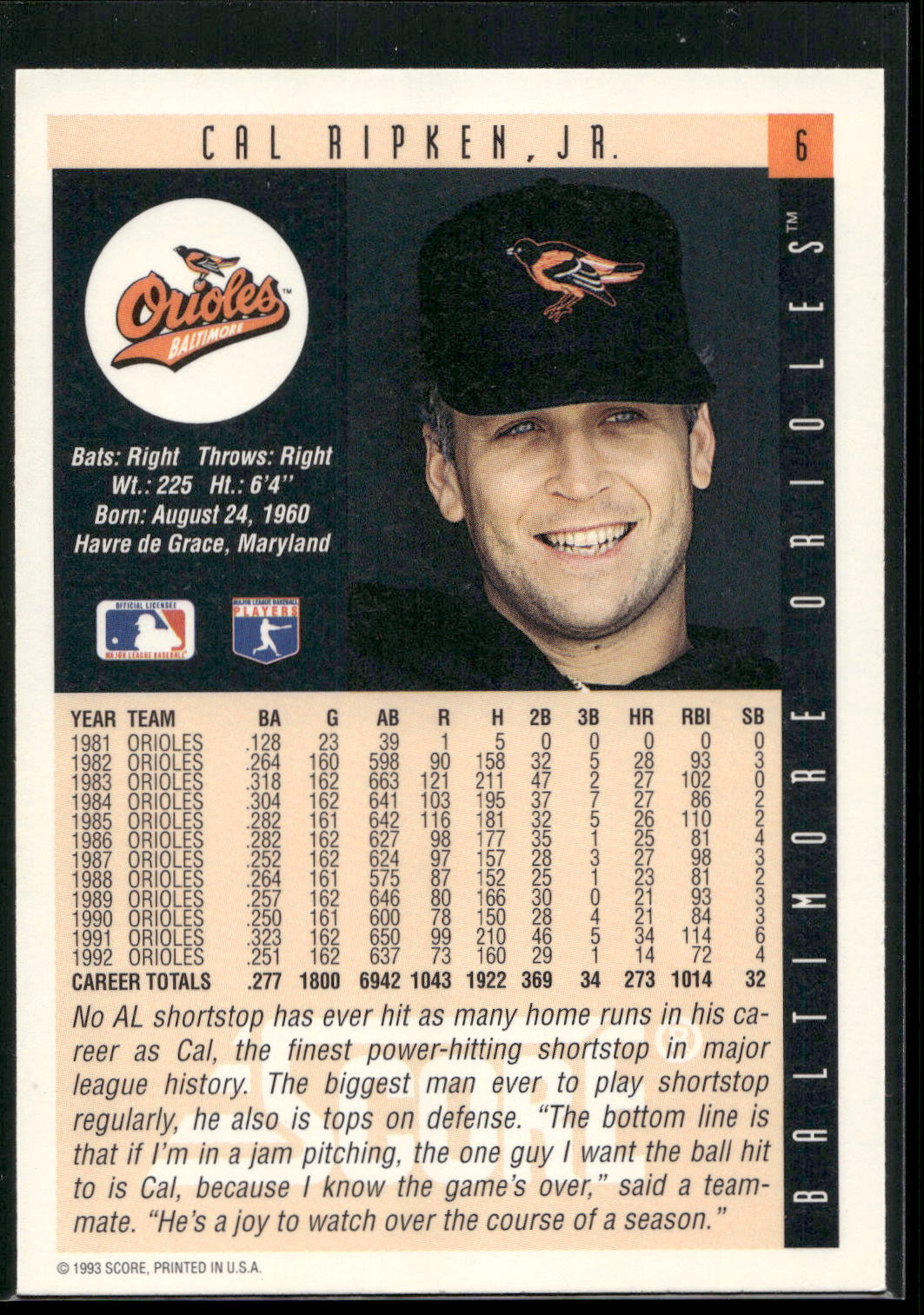 1993 Score #6 Cal Ripken, Jr.