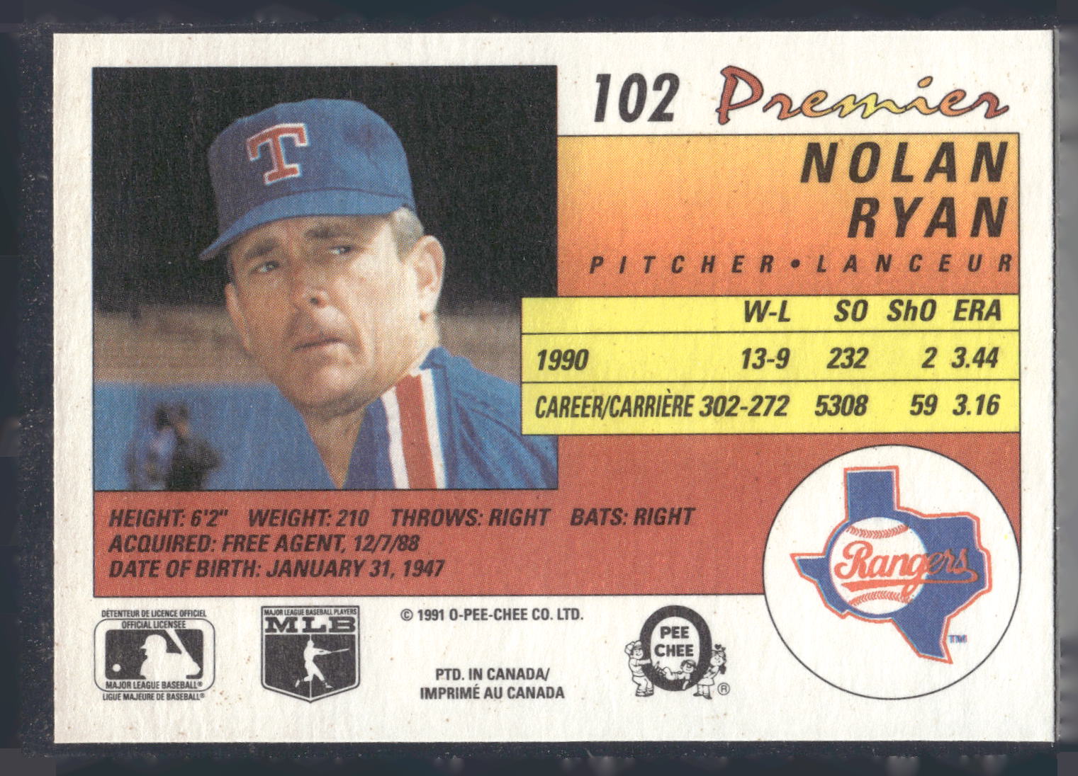 1991 O-Pee-Chee Premier #102 Nolan Ryan