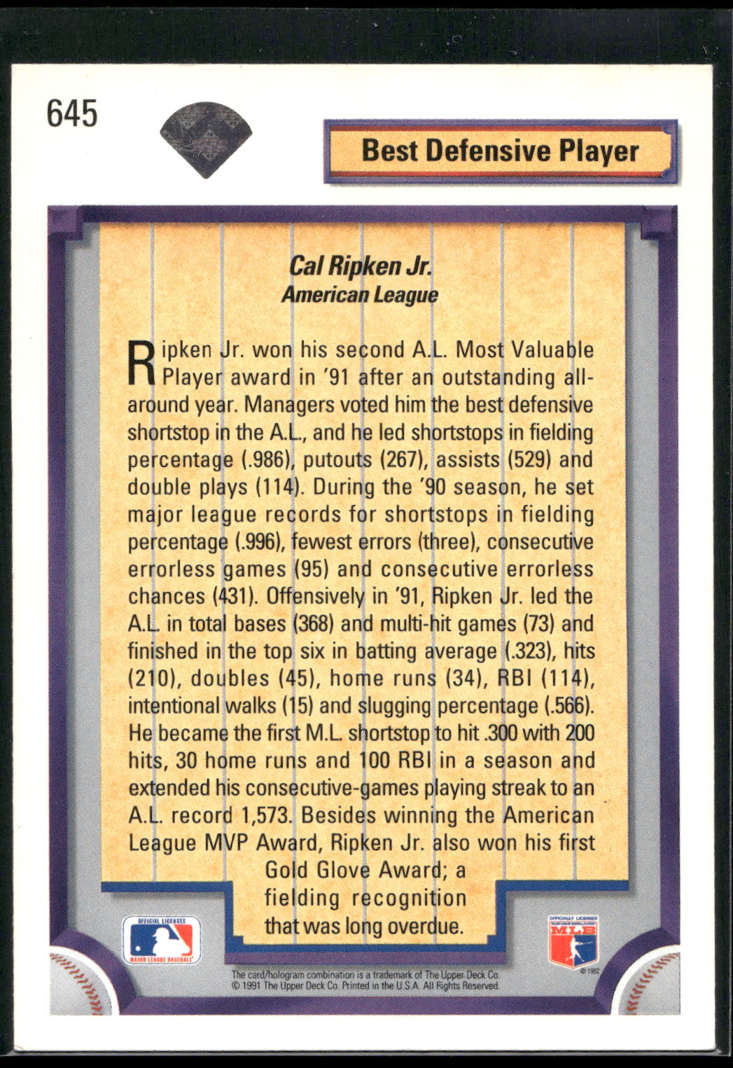 1992 Upper Deck #645 Cal Ripken Jr.