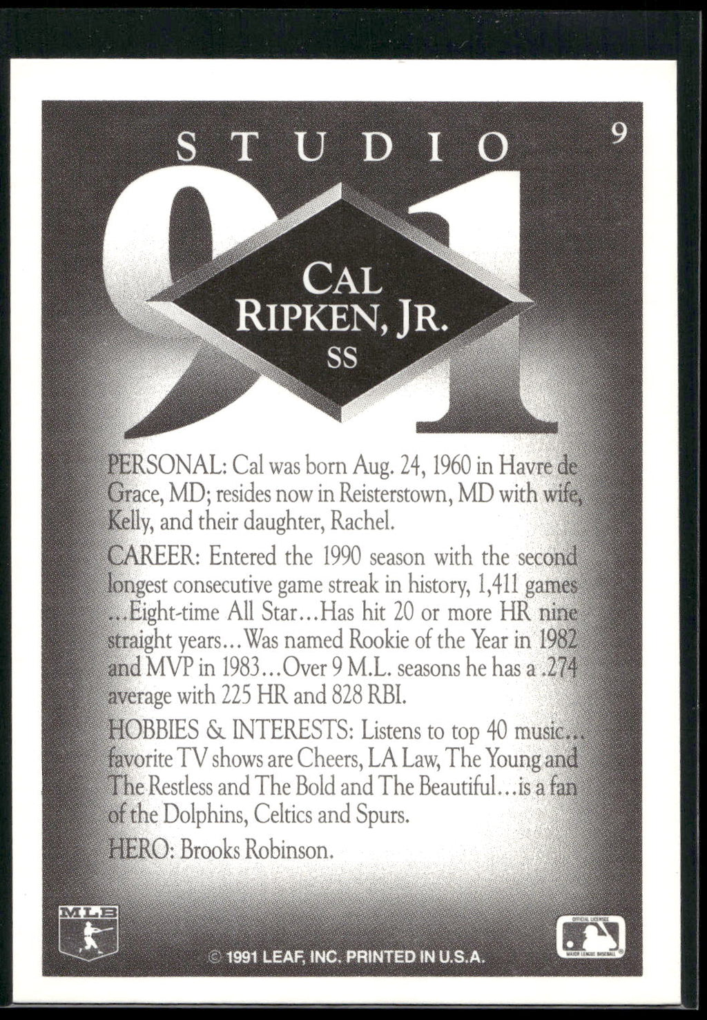 1991 Studio #9 Cal Ripken, Jr.