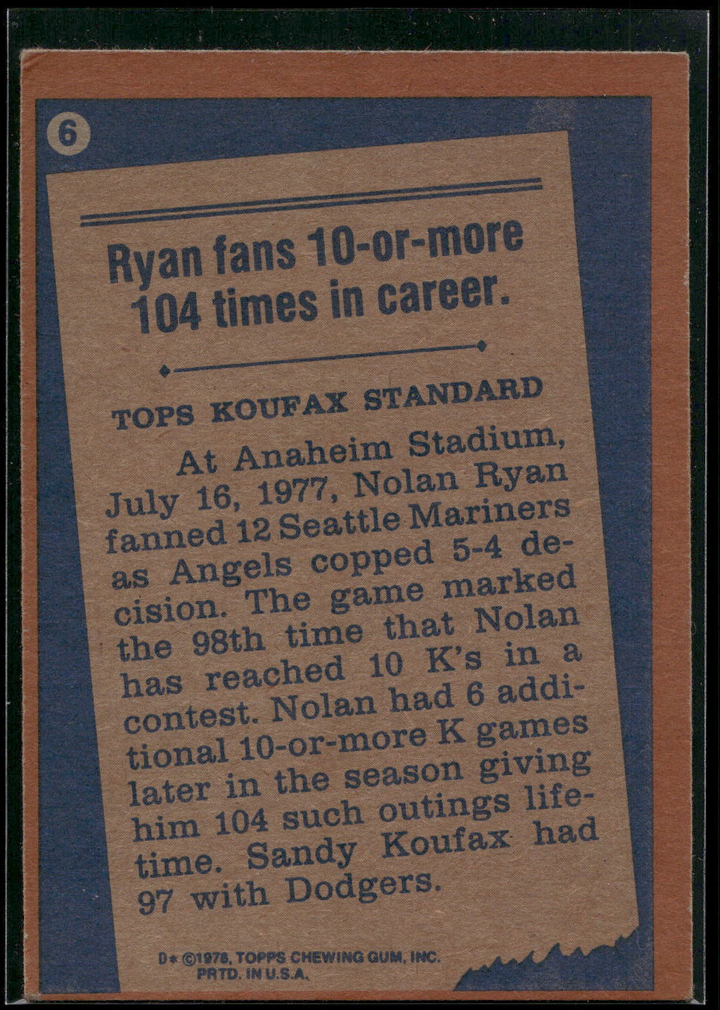 1978 Topps #6 Nolan Ryan
