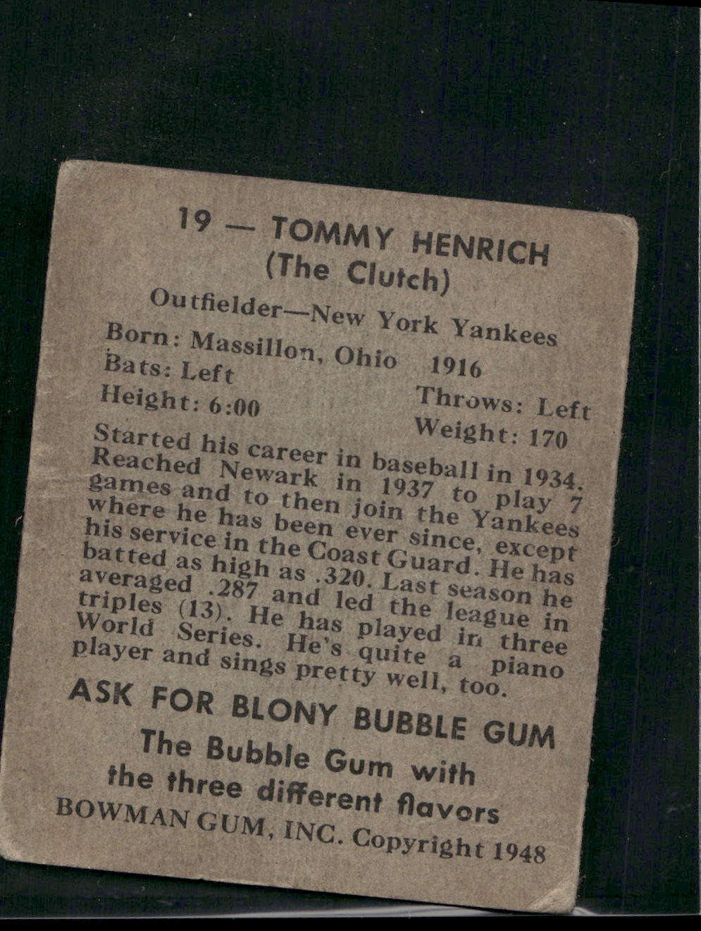 1948 Bowman #19 Tommy Henrich