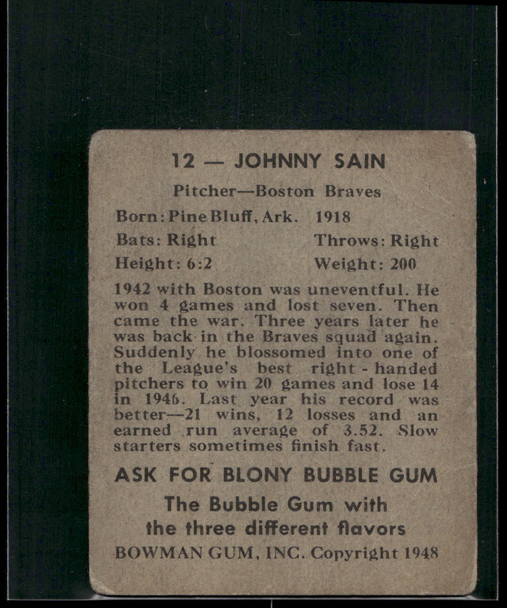 1948 Bowman #12 Johnny Sain