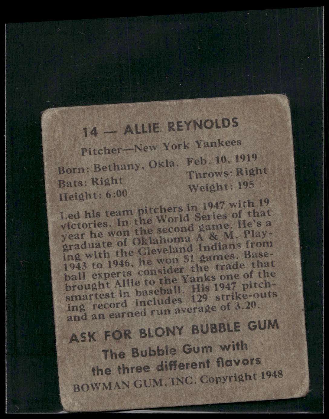1948 Bowman #14 Allie Reynolds
