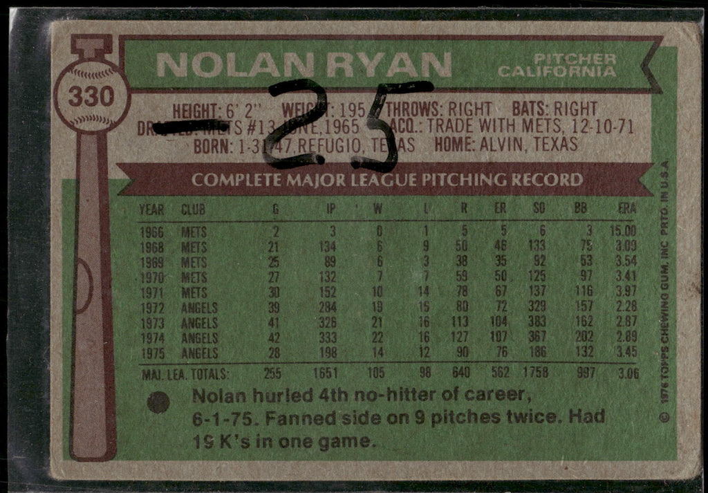 1976 Topps #330 Nolan Ryan