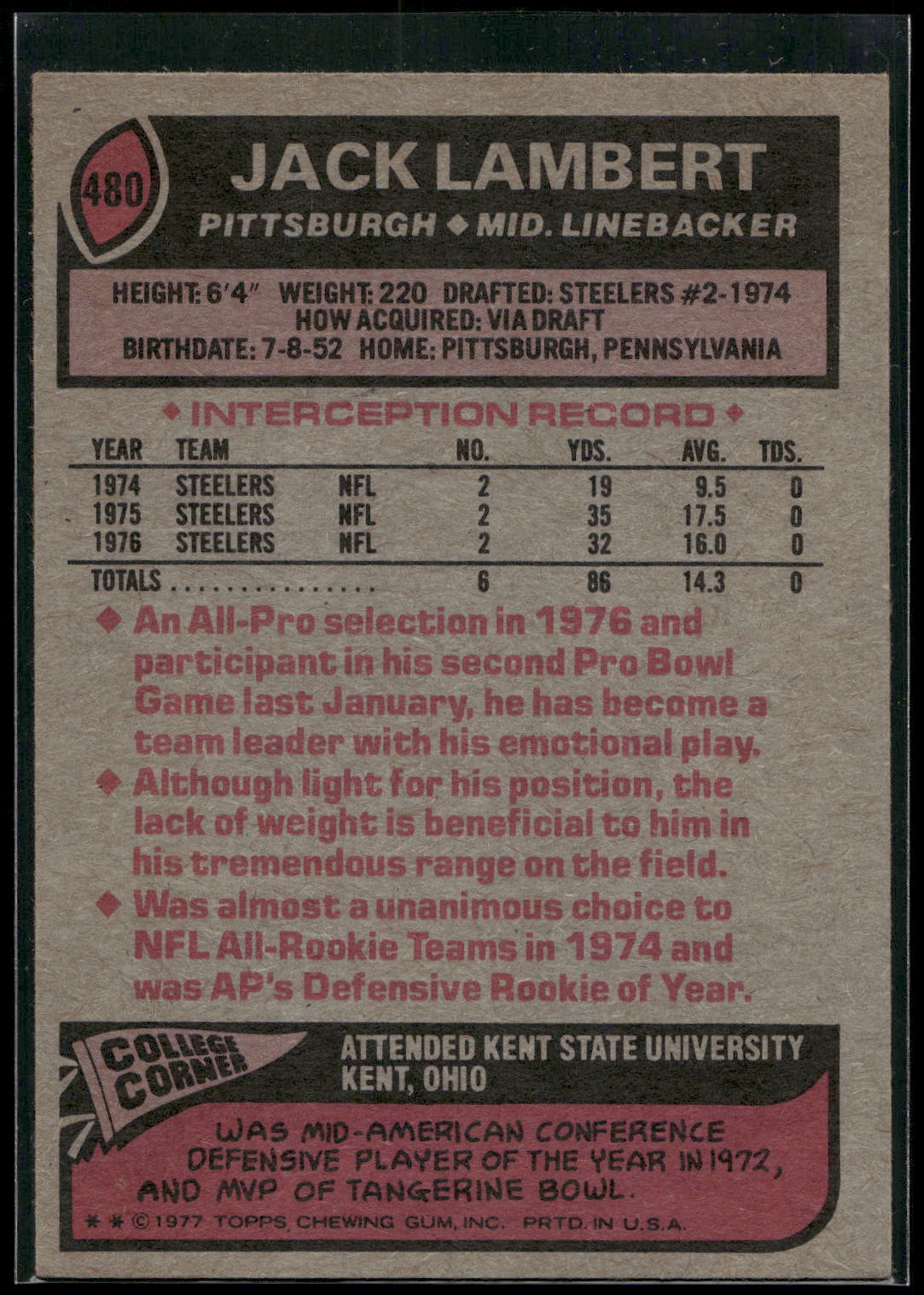 1977 Topps #480 Jack Lambert