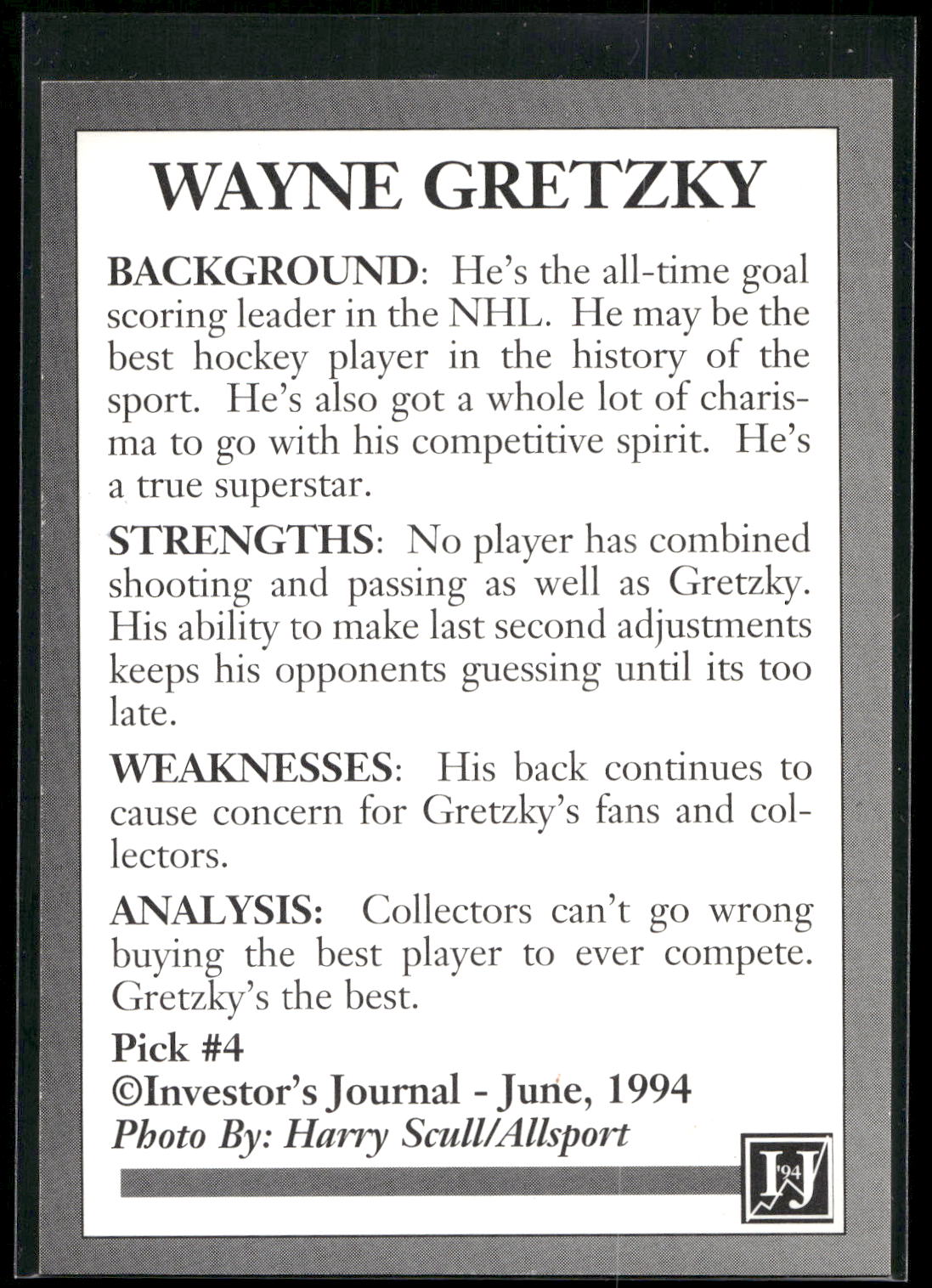 1994 Investor's Journal Gold Prism (unlicensed) #4 Wayne Gretzky