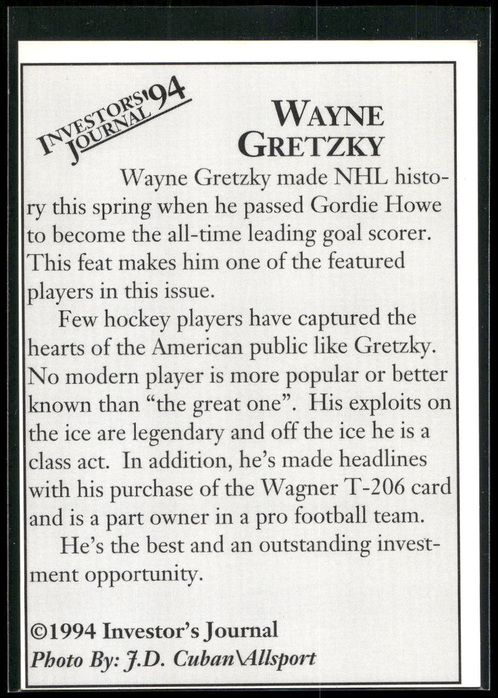 1994 Investor's Focus Investment Picks (unlicensed) #3 Wayne Gretzky