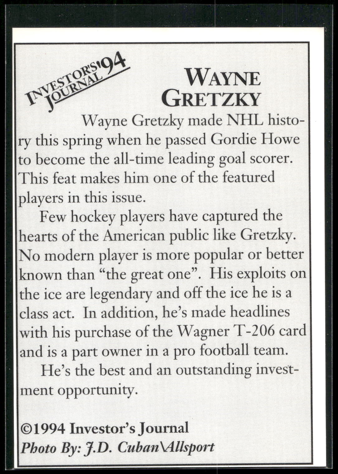 1994 Investor's Focus Investment Picks (unlicensed) #3 Wayne Gretzky