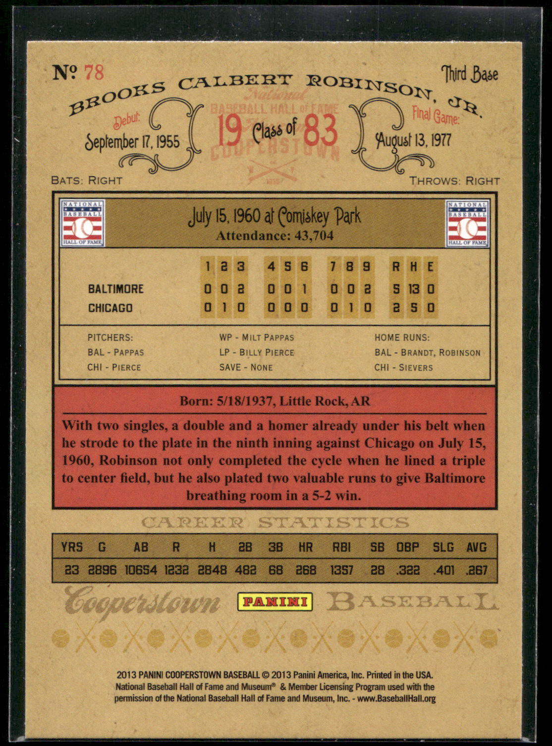 2013 Panini Cooperstown #78 Brooks Robinson
