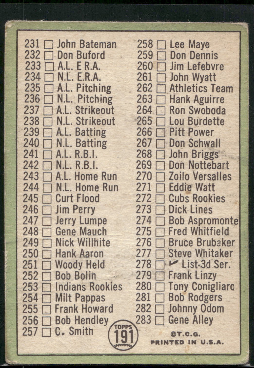 1967 Topps #191b 3rd Series Checklist: 197-283