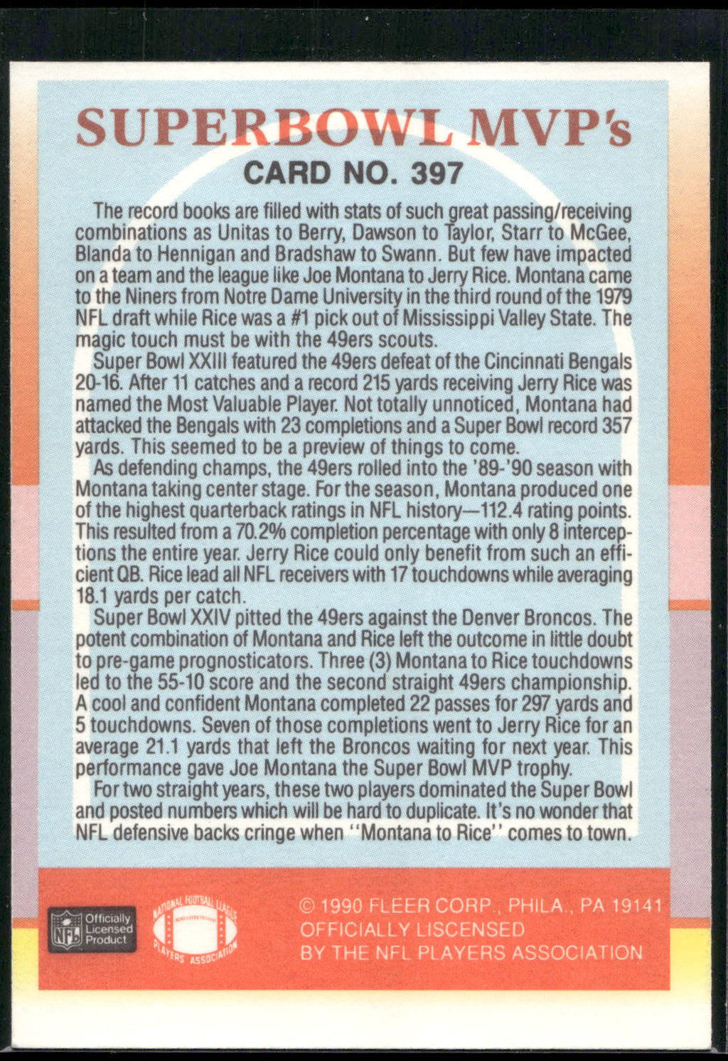 1990 Fleer #397 Superbowl MVP`s (Jerry Rice / Joe Montana)