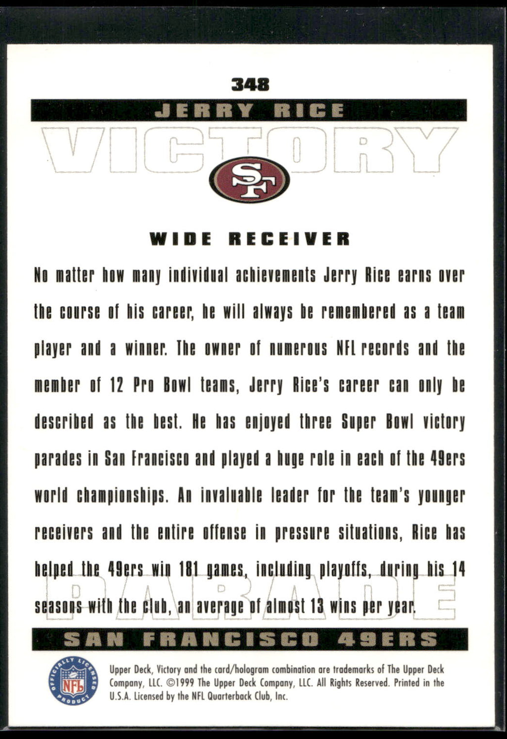 1999 Upper Deck Victory #348 Jerry Rice