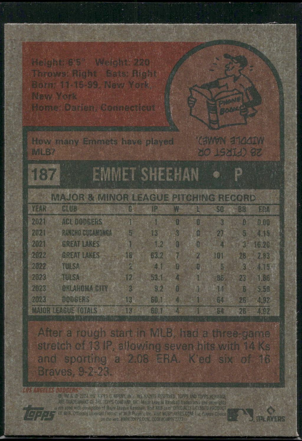 2024 Topps Heritage #187 Emmet Sheehan Chrome Blue Sparkle Refractor