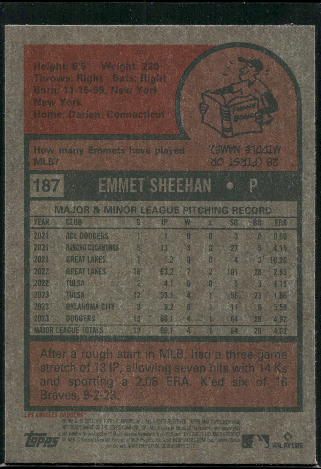 2024 Topps Heritage #187 Emmet Sheehan Chrome Blue Sparkle Refractor