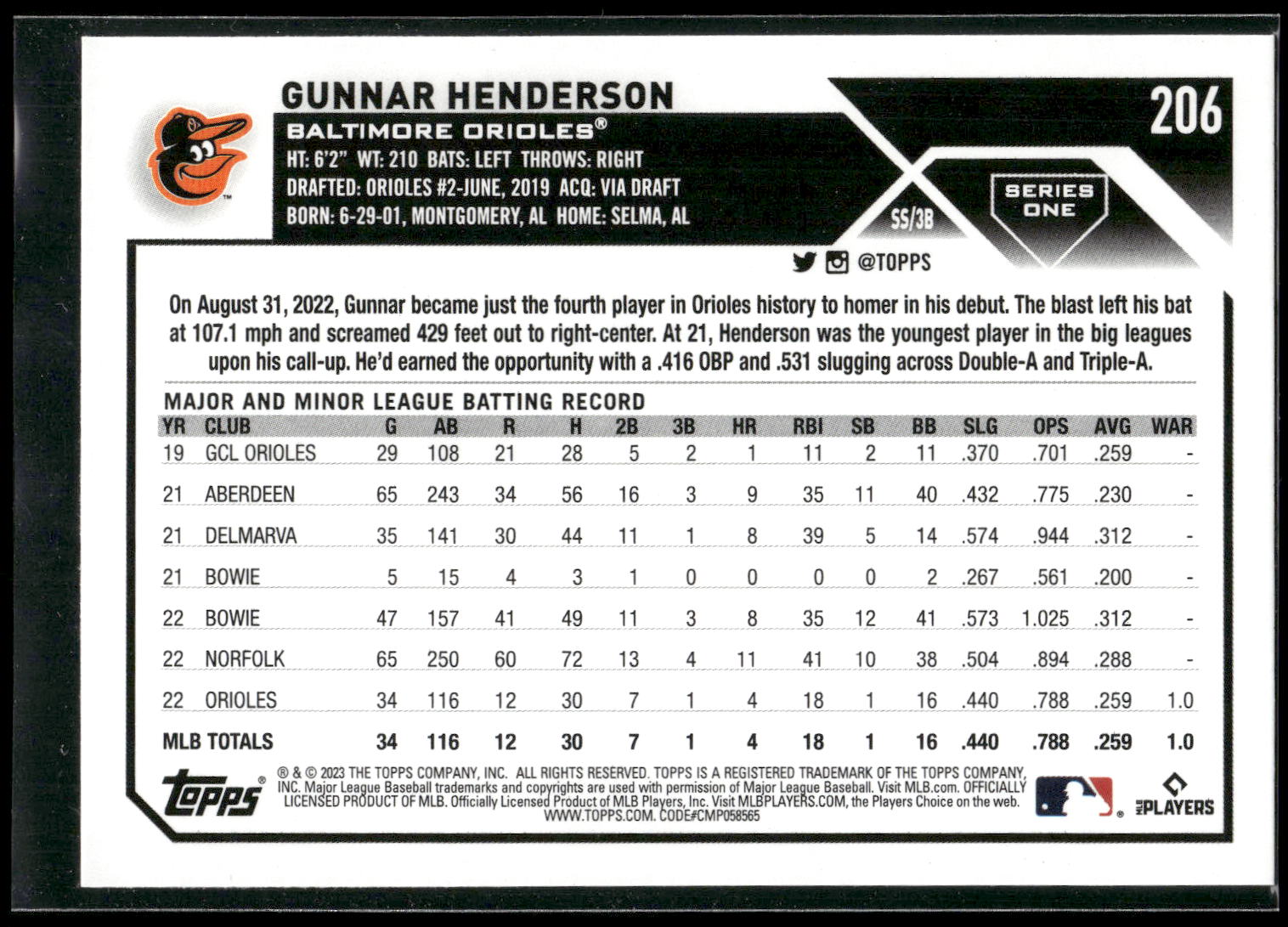 2023 Topps #206 Gunnar Henderson