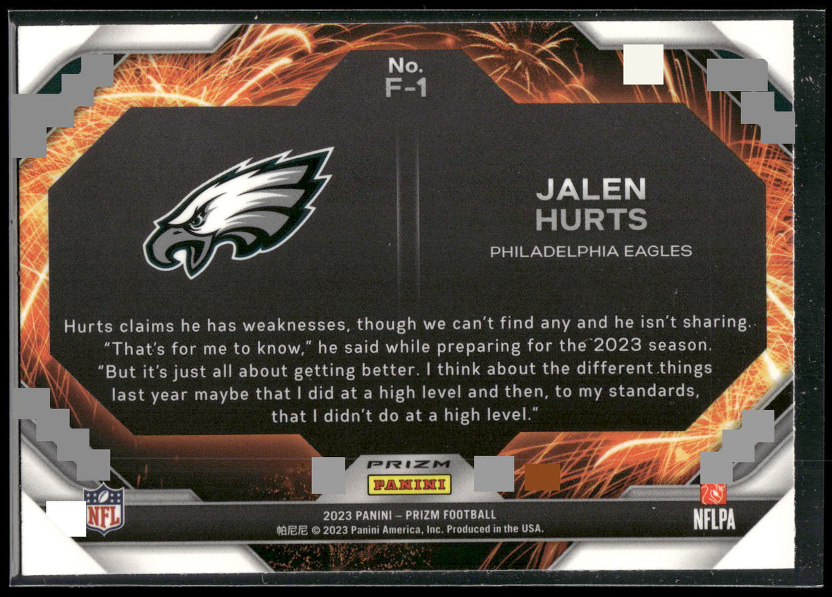 2023 Panini Prizm #F-1 Jalen Hurts Fireworks Prizms Green Wave