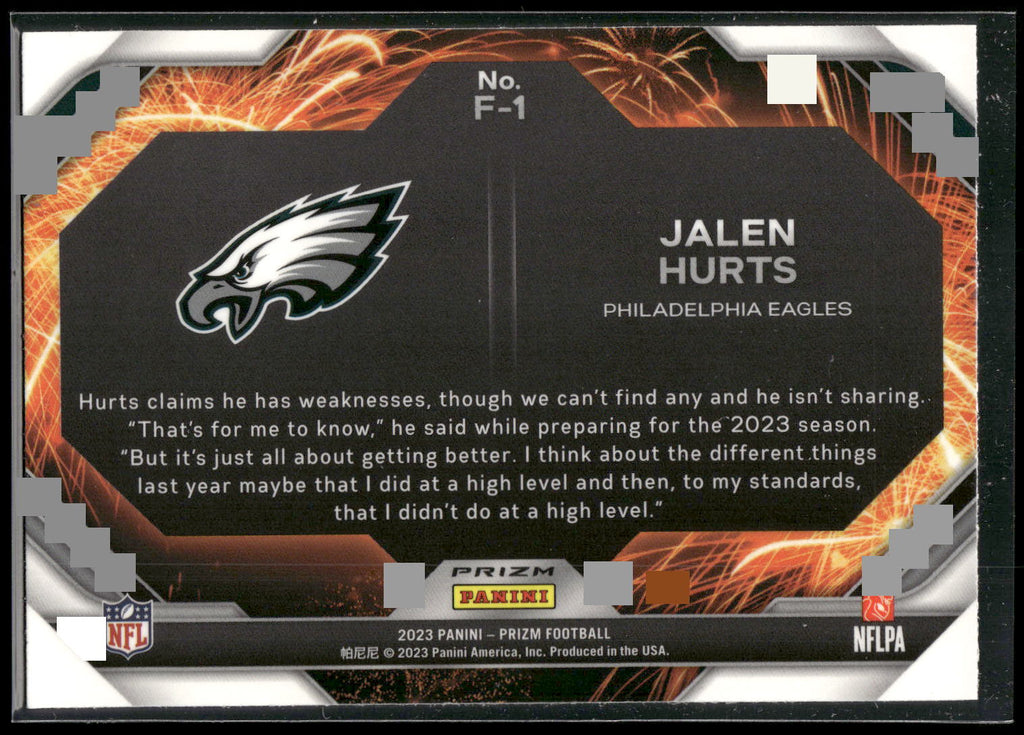 2023 Panini Prizm #F-1 Jalen Hurts Fireworks Prizms Green Wave