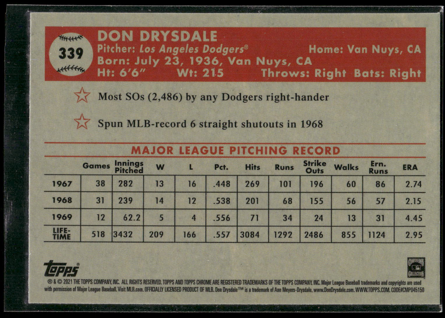 2021 Topps Chrome Platinum Anniversary #339 Don Drysdale Refractor