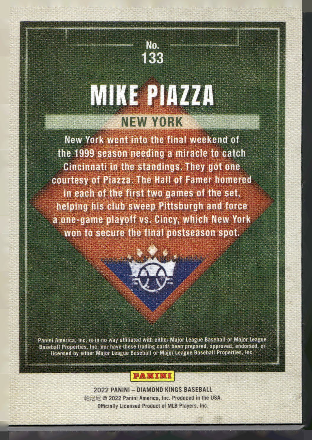 2022 Panini Diamond Kings #133 Mike Piazza Framed Blue