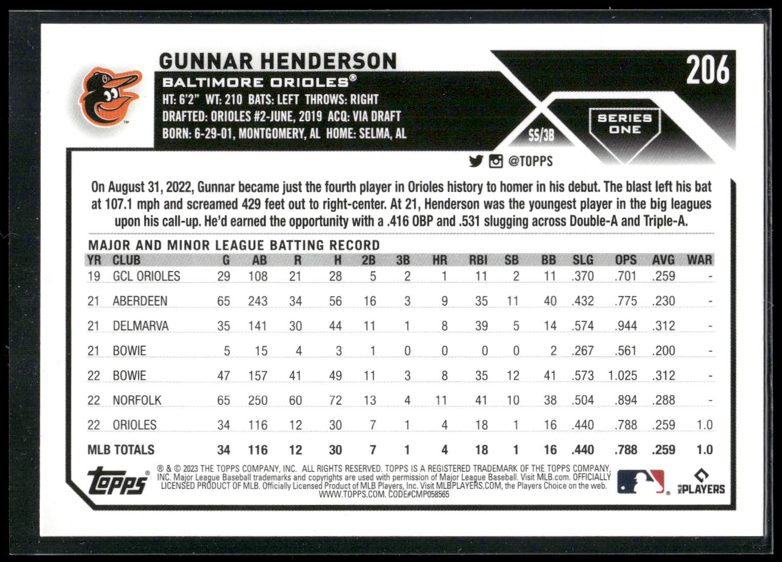 2023 Topps #206 Gunnar Henderson