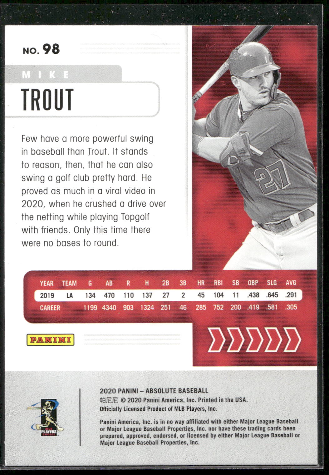 2020 Panini Absolute #98 Mike Trout
