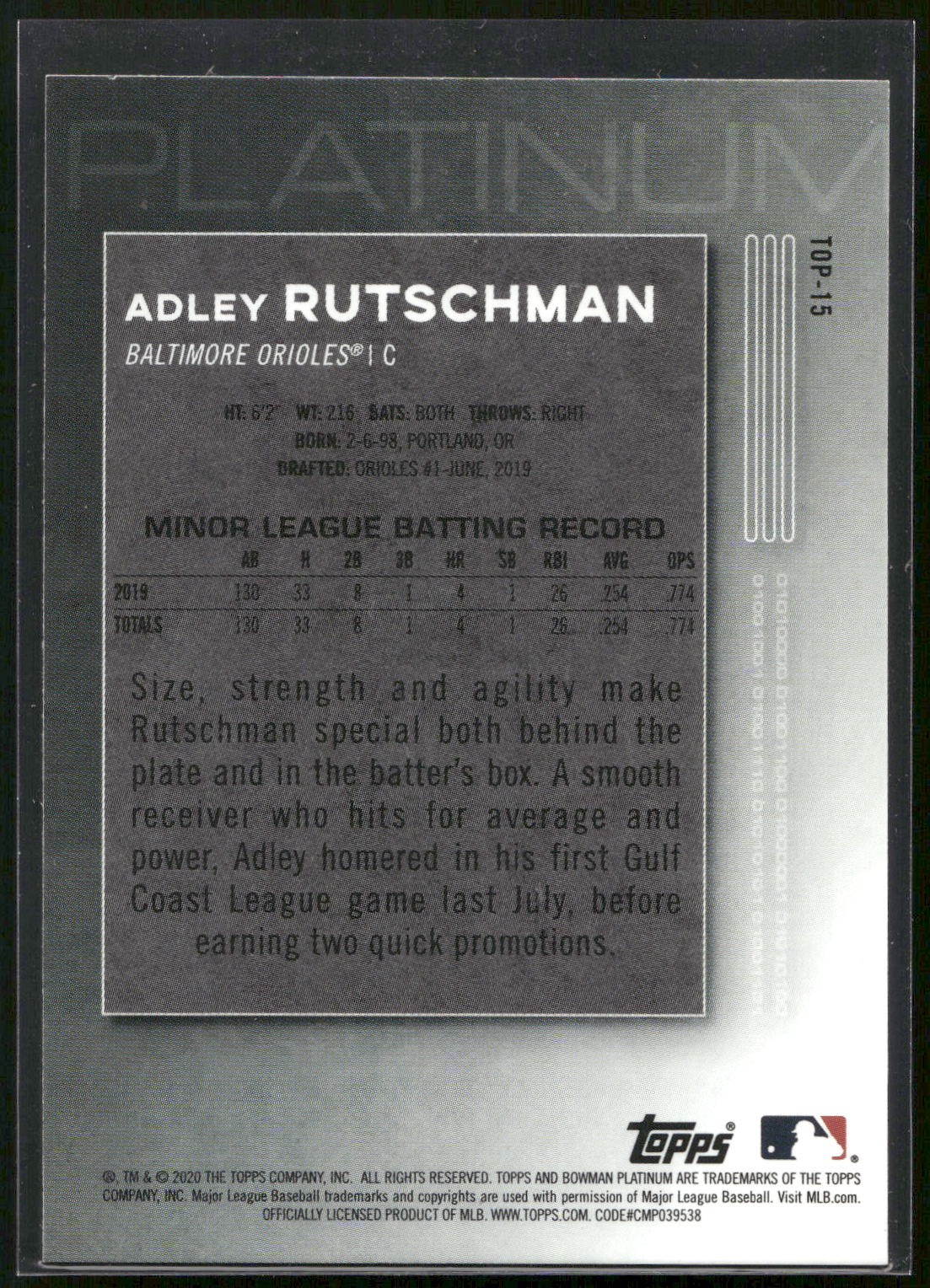 2020 Bowman Platinum #TOP-15 Adley Rutschman Top Prospects
