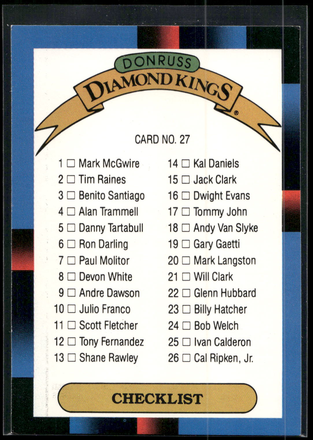 1988 Donruss #27 Diamond Kings Checklist 1-26