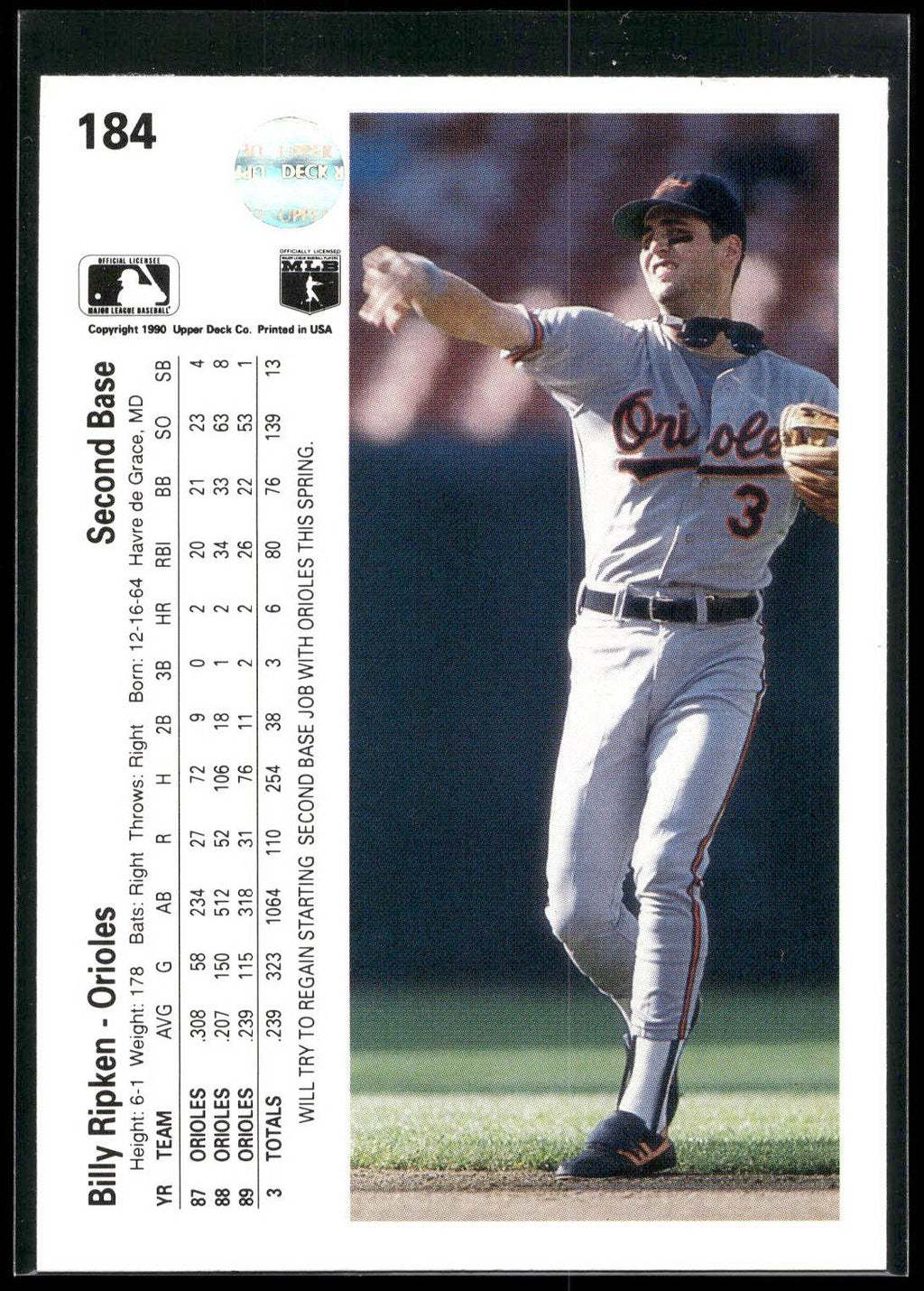 1990 Upper Deck #184a Billy Ripken