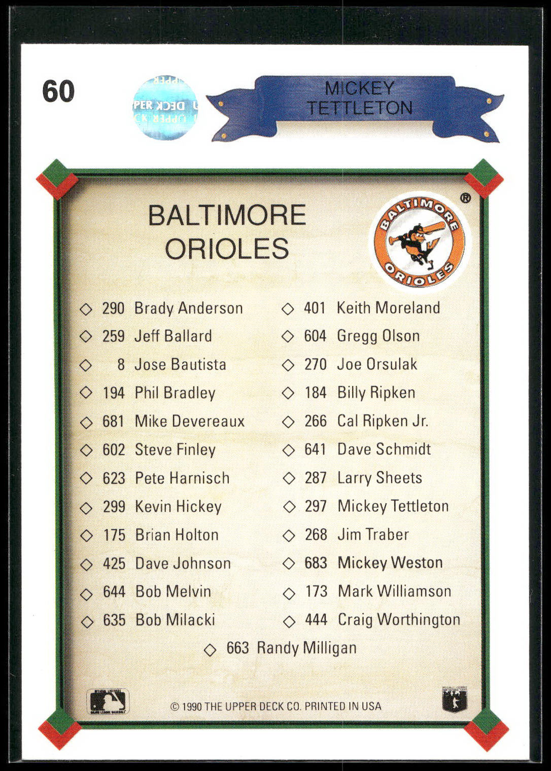 1990 Upper Deck #60a Mickey Tettleton