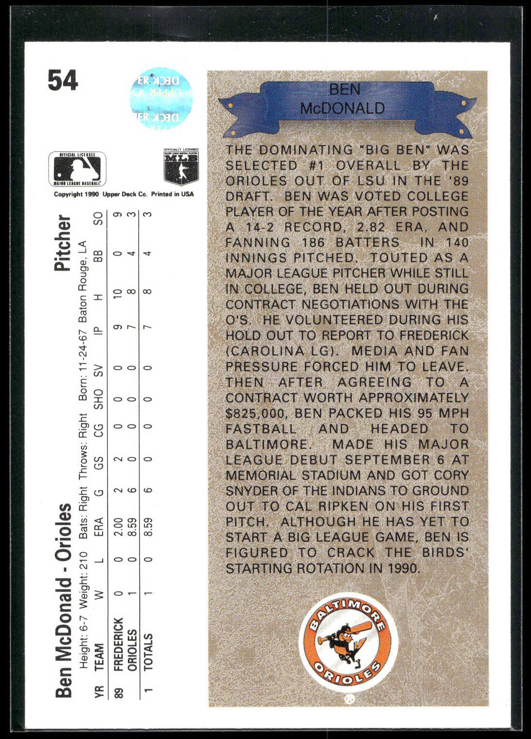 1990 Upper Deck #54a Ben McDonald