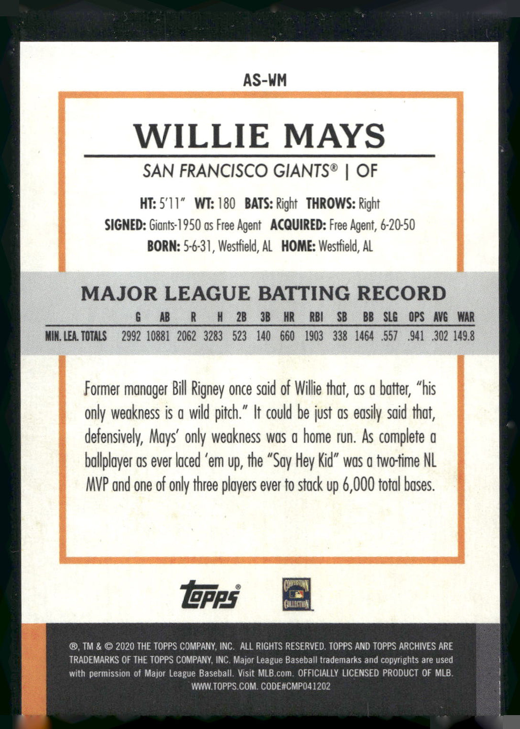 2020 Topps Archives Snapshots #AS-WM Willie Mays Black and White