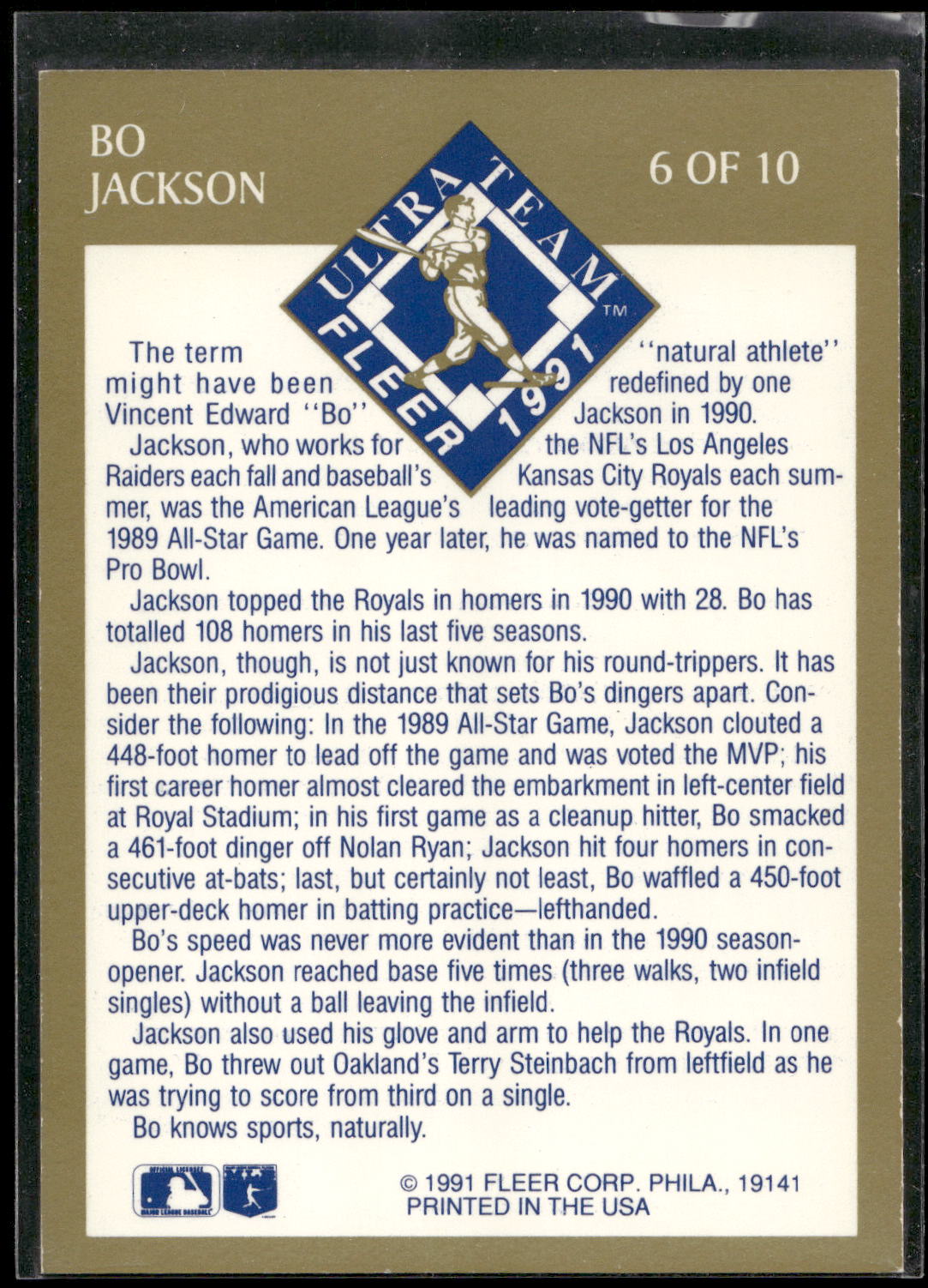 1991 Ultra #6 Bo Jackson Ultra Team (Ultra Gold)
