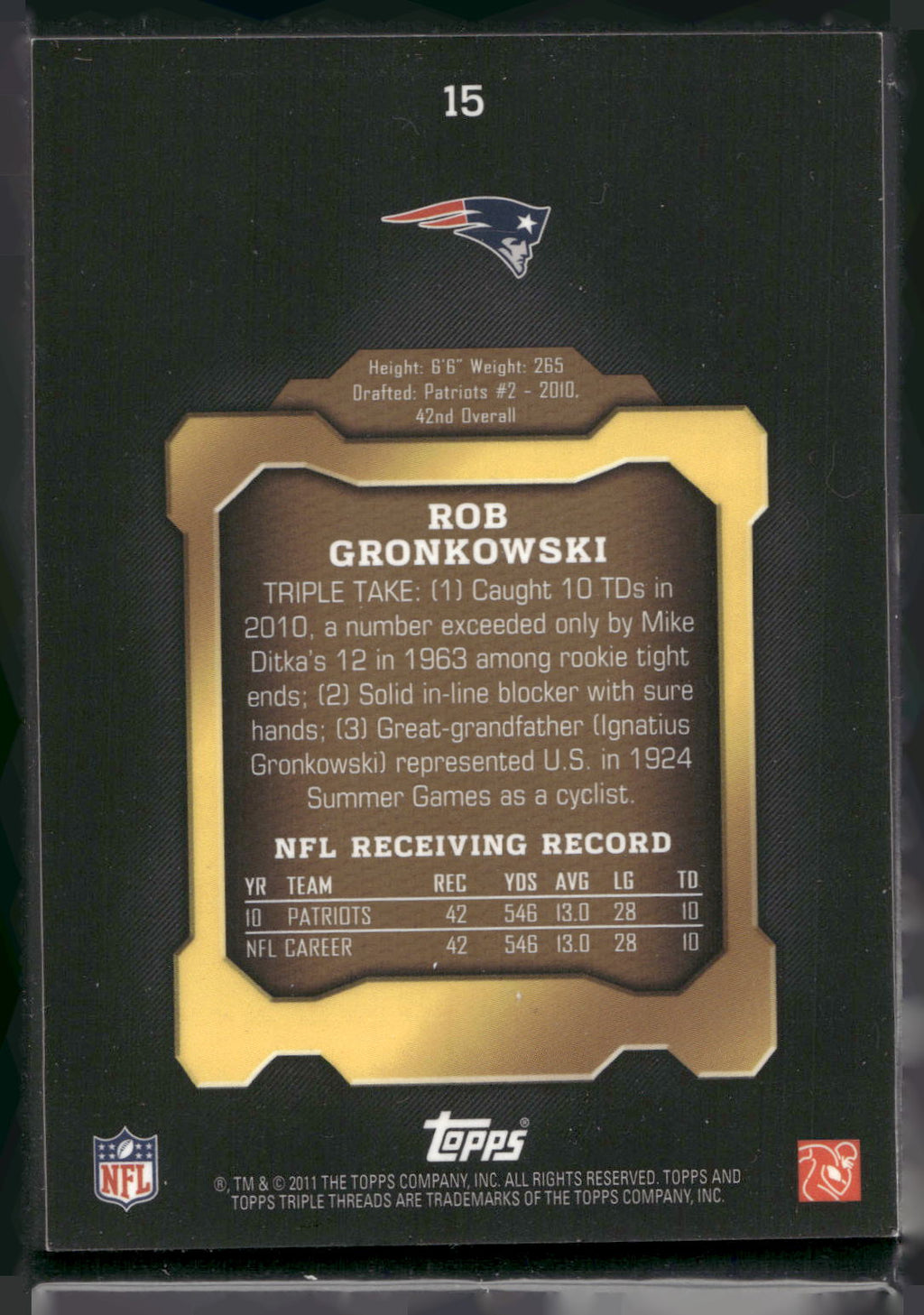 2011 Topps Triple Threads #15 Rob Gronkowski #/999