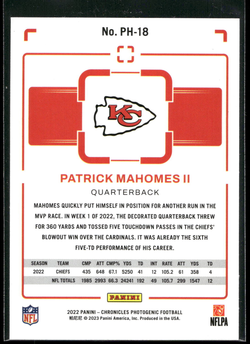 2022 Panini Chronicles #PH-18 Patrick Mahomes II Photogenic
