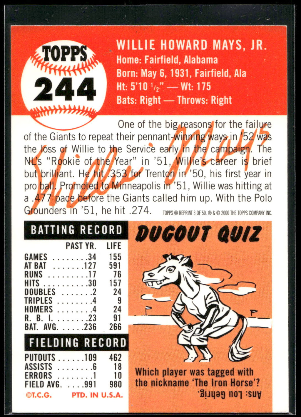 2001 Topps #3 Willie Mays Through the Years Reprints