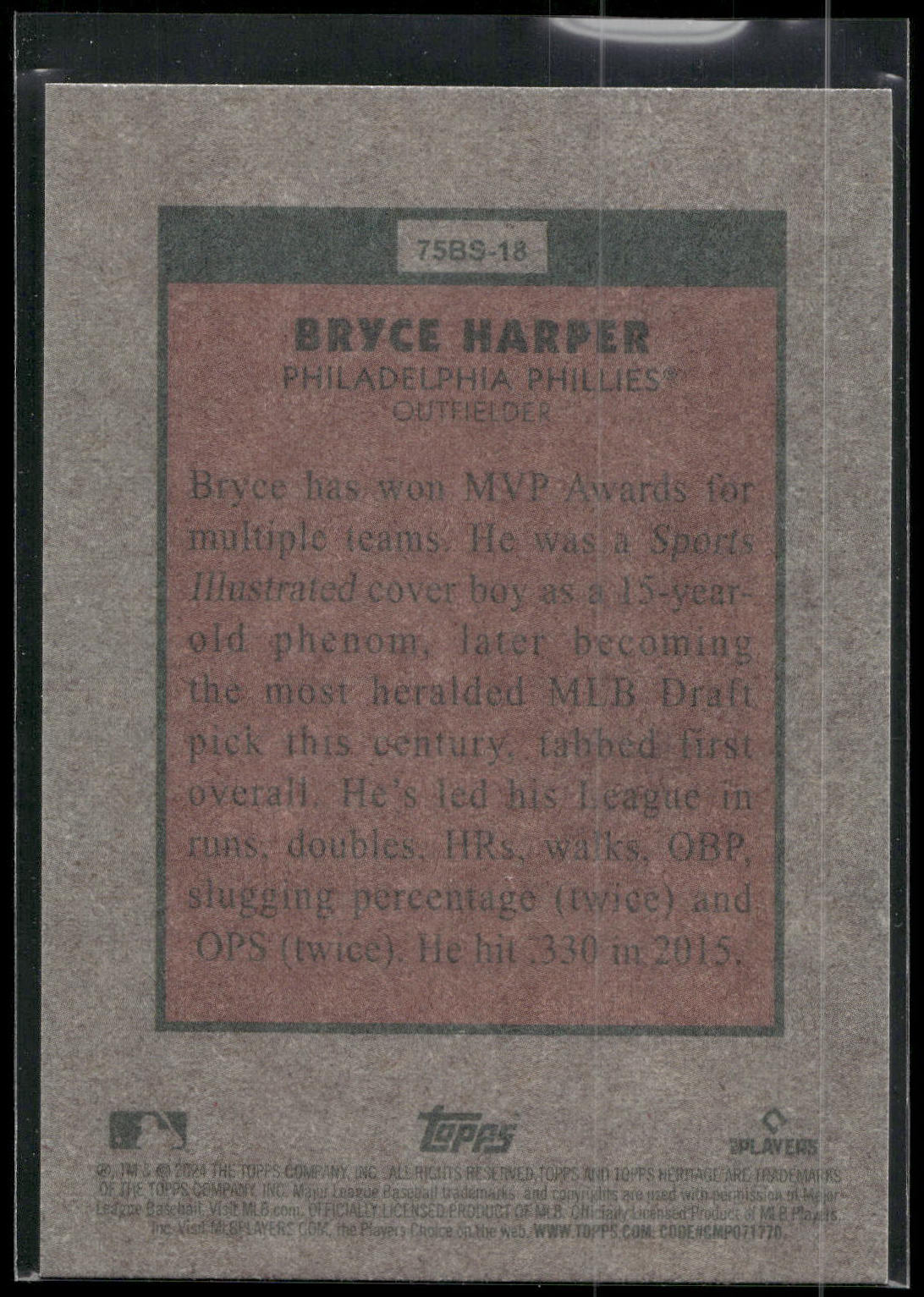 2024 Topps Heritage #75BS-18 Bryce Harper 1975 Baseball Sensations Platinum Foil