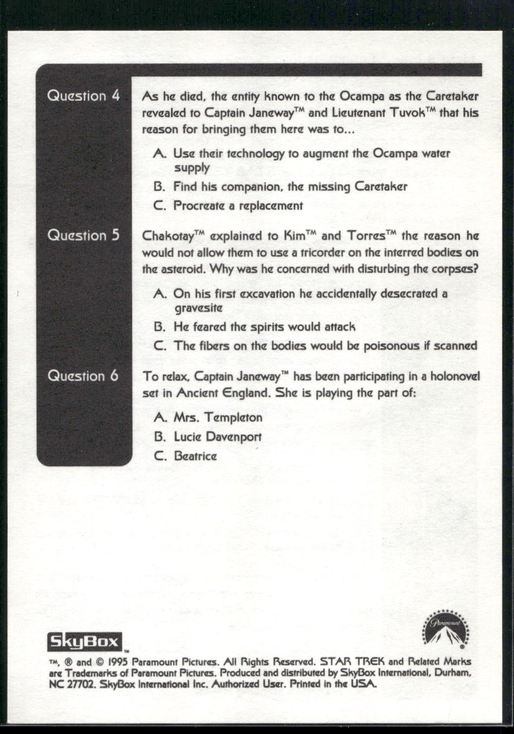 1995 SkyBox Star Trek: Voyager Season One Series Two #NNO Trivia Card Trivia