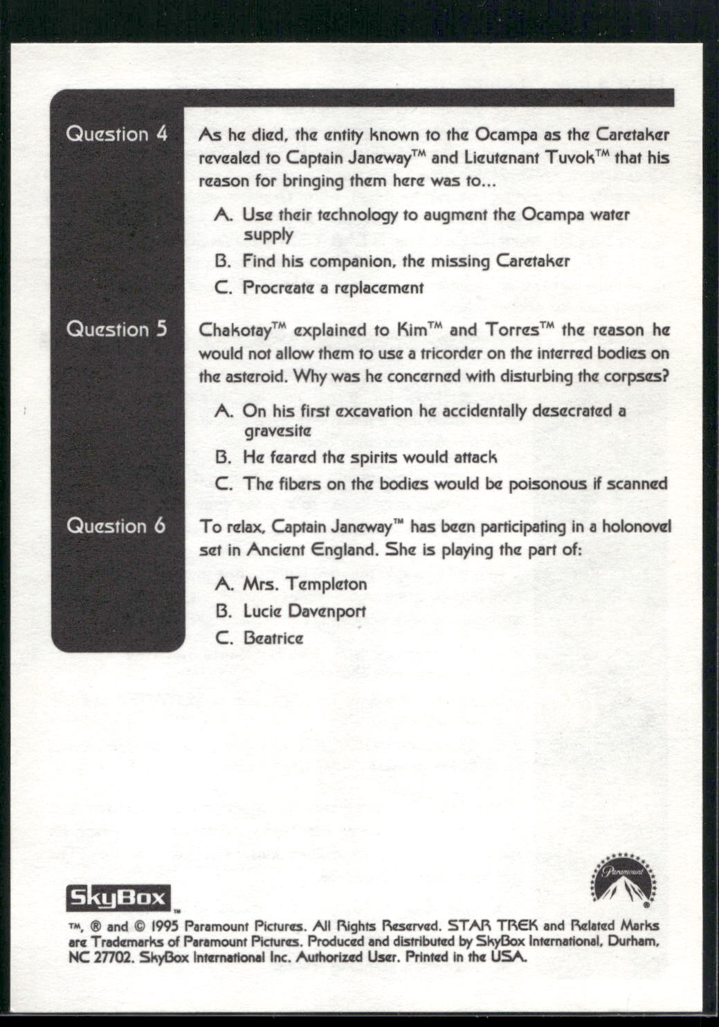 1995 SkyBox Star Trek: Voyager Season One Series Two #NNO Trivia Card Trivia