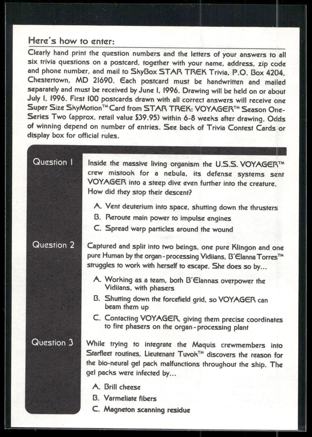1995 SkyBox Star Trek: Voyager Season One Series Two #NNO Trivia Card Trivia