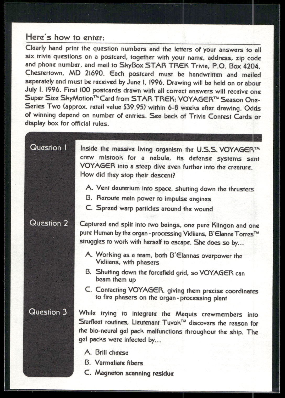 1995 SkyBox Star Trek: Voyager Season One Series Two #NNO Trivia Card Trivia