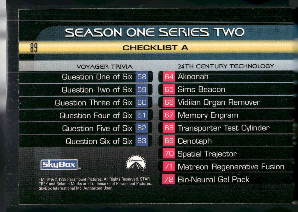 1995 SkyBox Star Trek: Voyager Season One Series Two #89 Checklist A: 1-72
