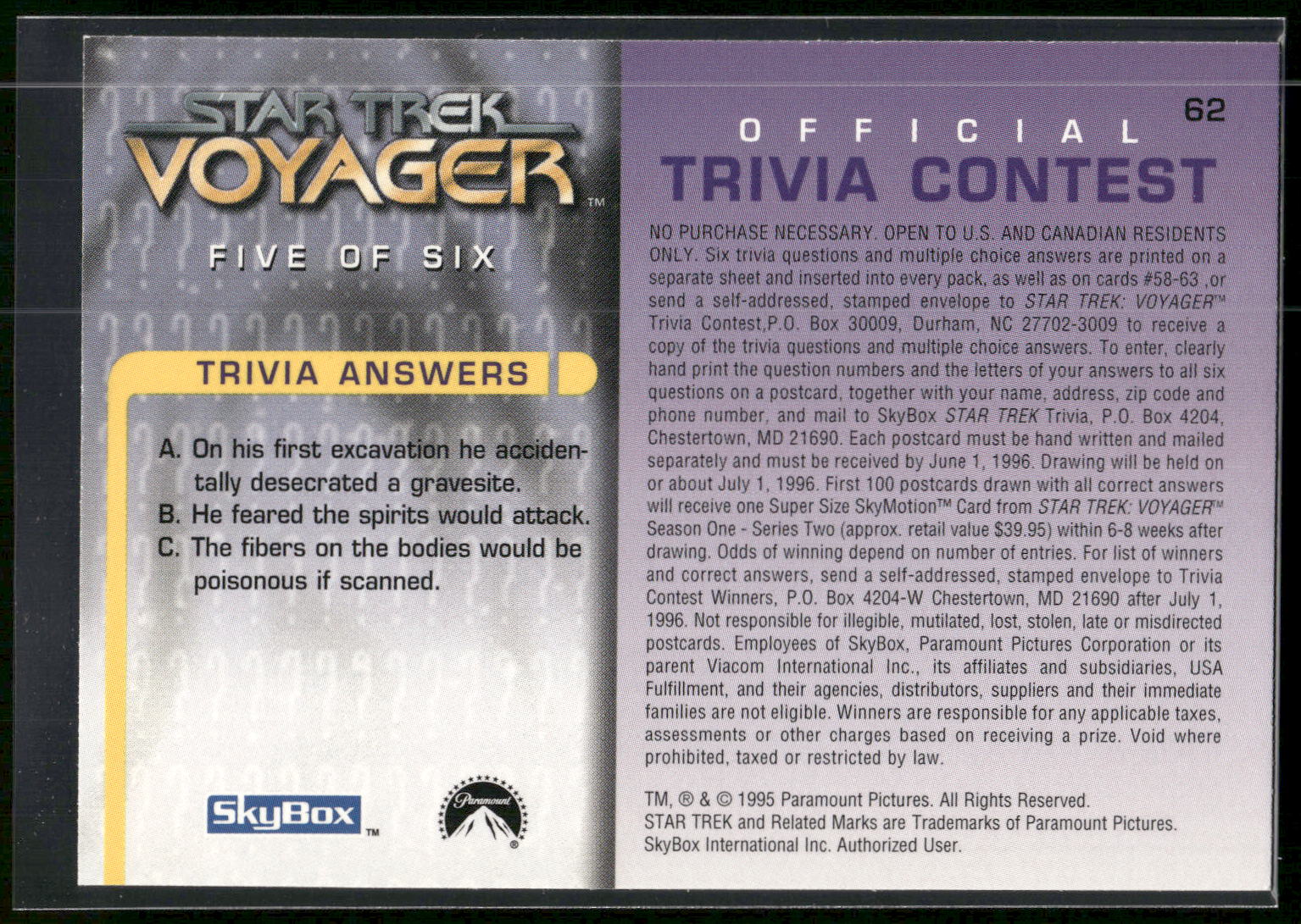 1995 SkyBox Star Trek: Voyager Season One Series Two #62 Question Five of Six