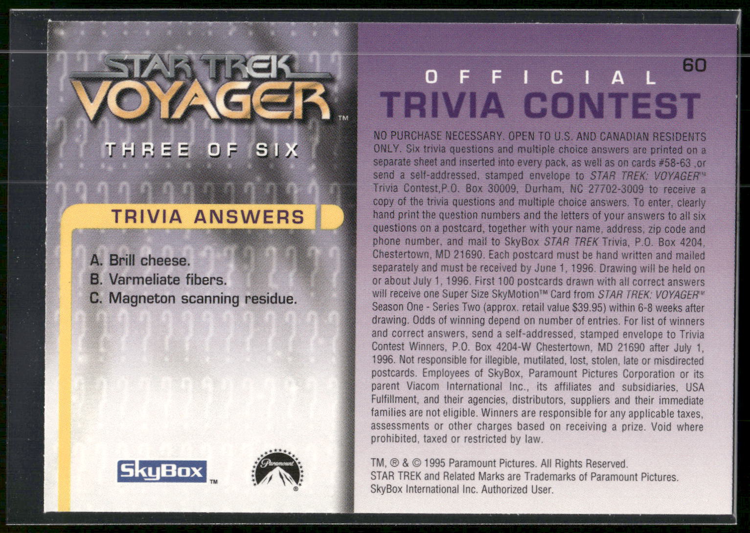 1995 SkyBox Star Trek: Voyager Season One Series Two #60 Question Three of Six