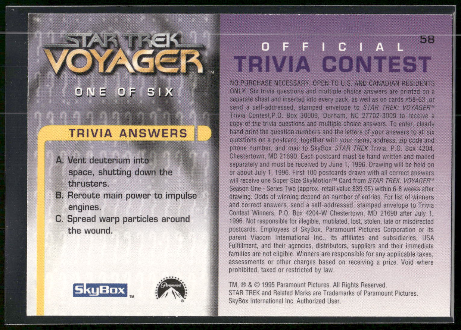 1995 SkyBox Star Trek: Voyager Season One Series Two #58 Question One of Six