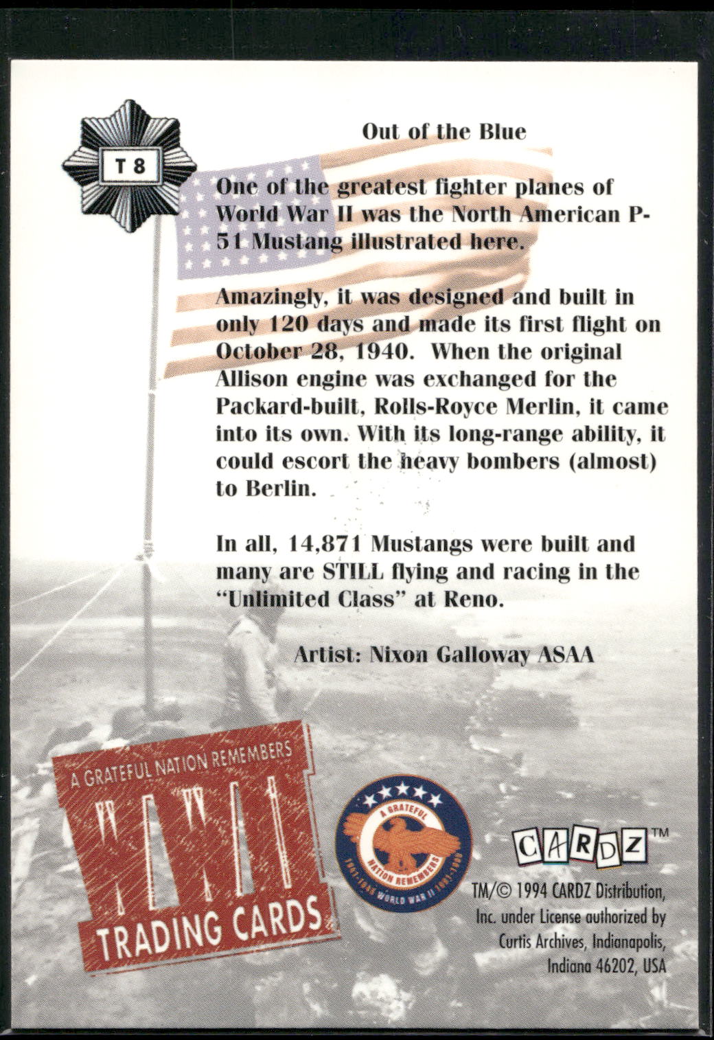 1994 Cardz World War II #T8 P 51, Out of the Blue! Tekchrome